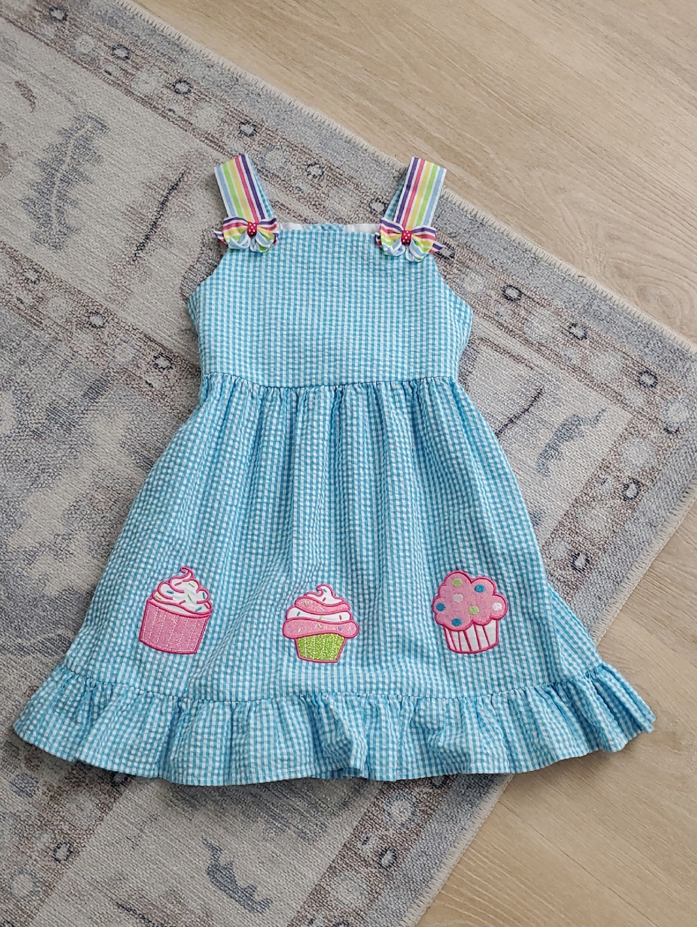 Emily Rose Girls Turquoise Seersucker Glitter Cupcake Party Dress Sz6